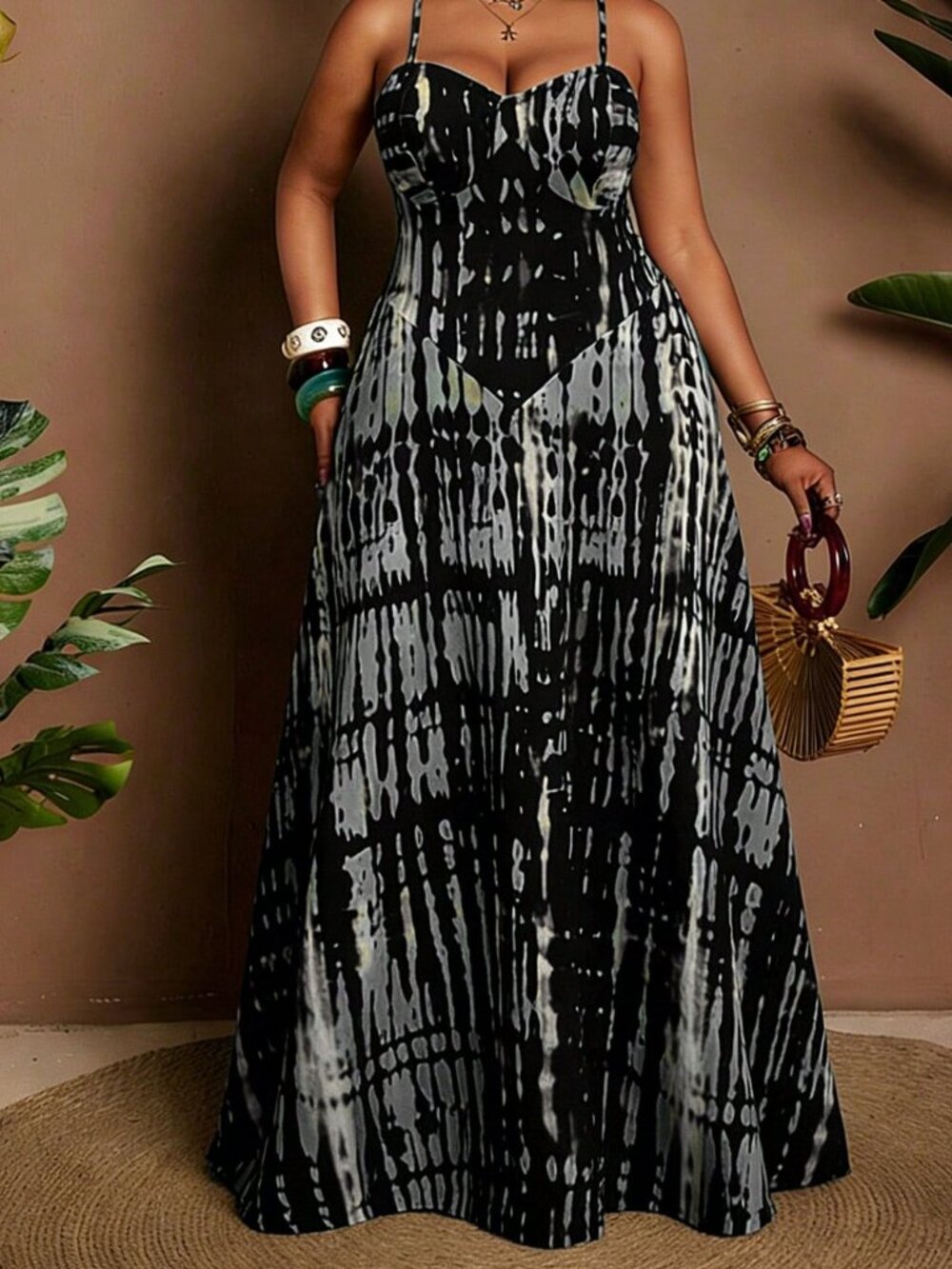 Grey Boho Women's Plus Size Strappy tie dye Sexy maxi Dress - Picture 5 of 7